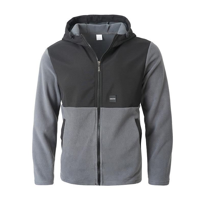 

New Casual Fleece Jacket Sweatshirt Warm Color Block Letter Pocket Rope Buckle Hooded Top Men s Clothing S серый