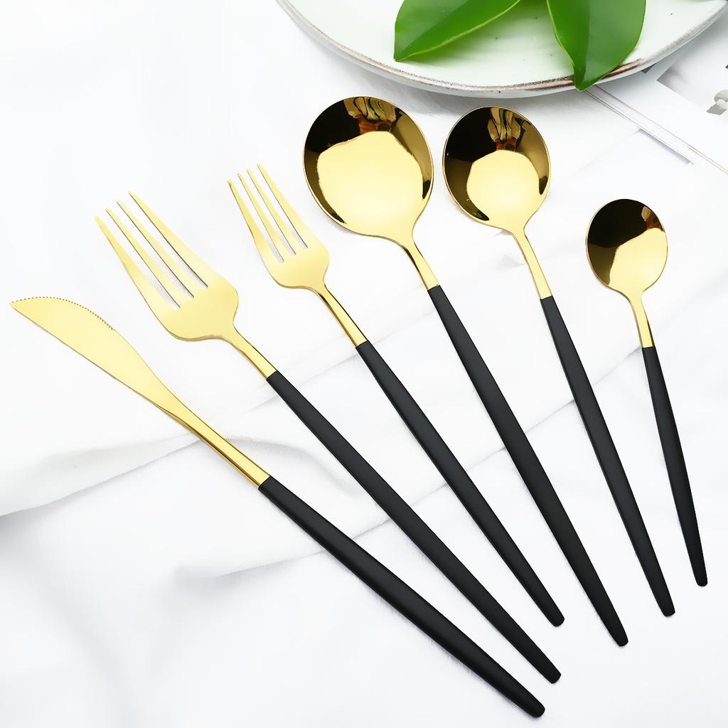 6Pcs/Set Gold Dinnerware Cutlery Set Mirror Stainless Steel Dinner Flatware Knife Dessert Fork Coffee Spoon Tableware Silverware Set