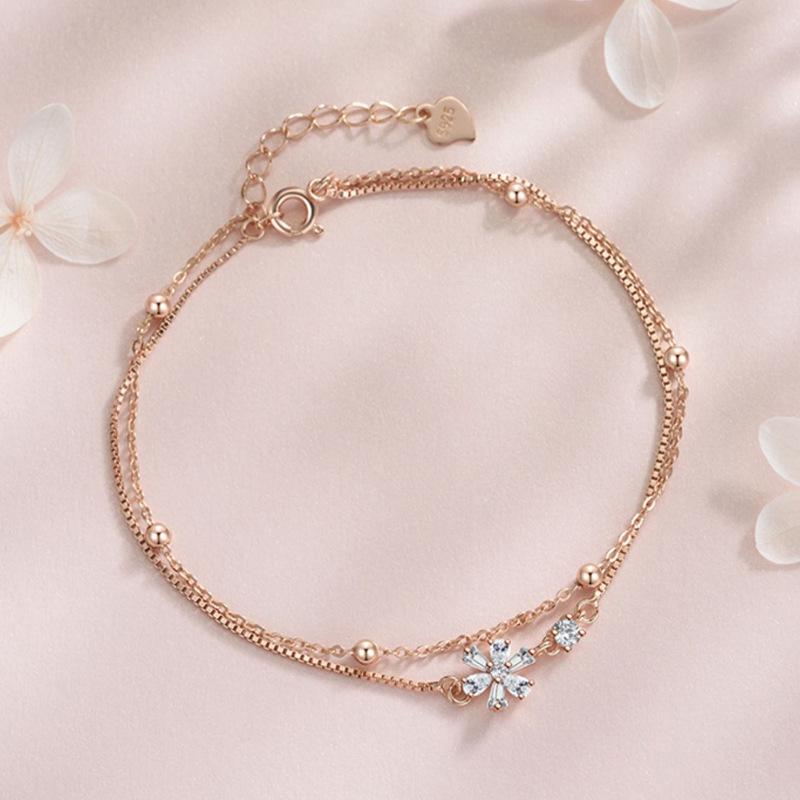 Sterling Silver Cherry Blossom Double Layer Bracelet - Handmade Autumn Mori Girl Floral Jewelry 925 Silver