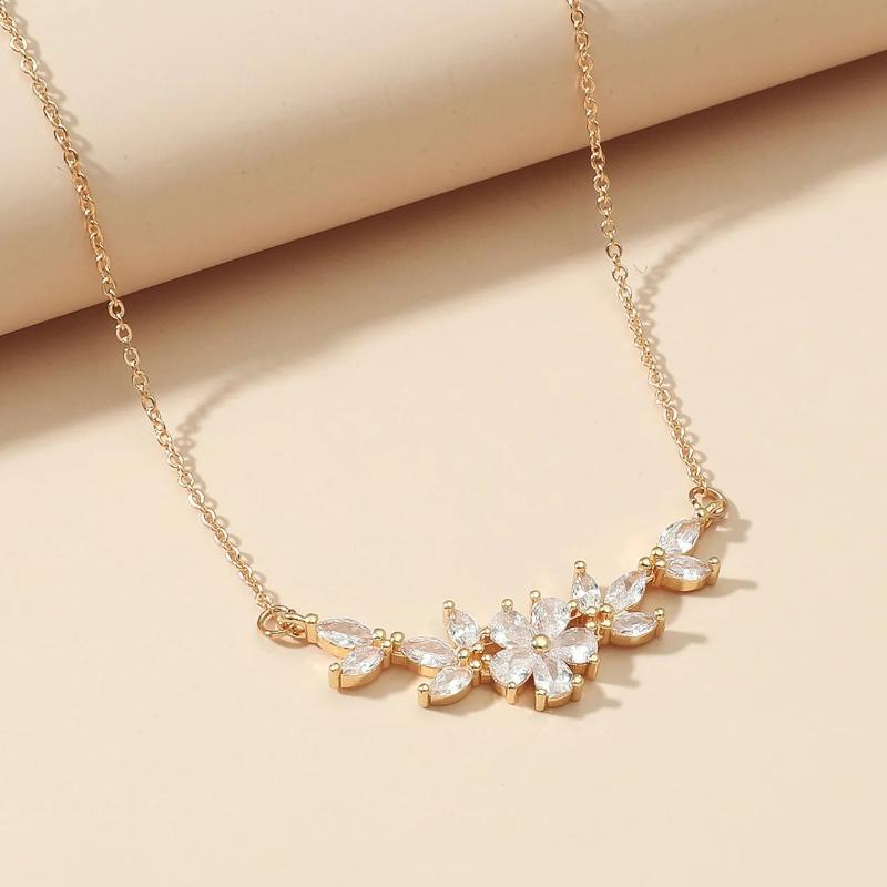 ZAKOL Fashion Cubic Zirconia Flower Pendant Necklace for Women Gold Color Charm Choker Bridal Wedding Party Jewelry