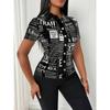 Women Summer Fashion Newspaper Print Button Down V Neck Shirt Blouse
