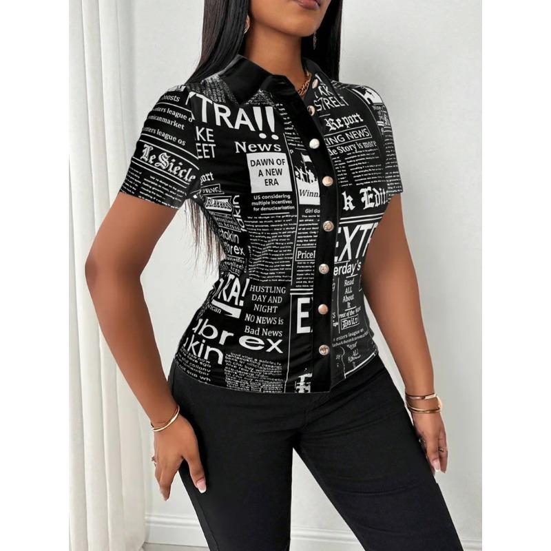 Women Summer Fashion Newspaper Print Button Down V Neck Shirt Blouse
