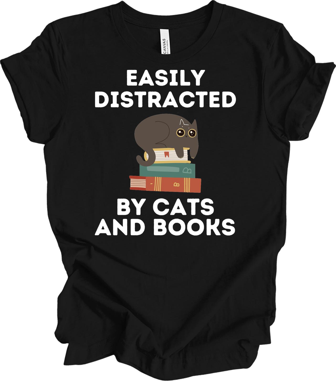 Cats and Books T-Shirt Funny Cat Lover Gift Book Lover Tee Cute Black Cat Shirt S