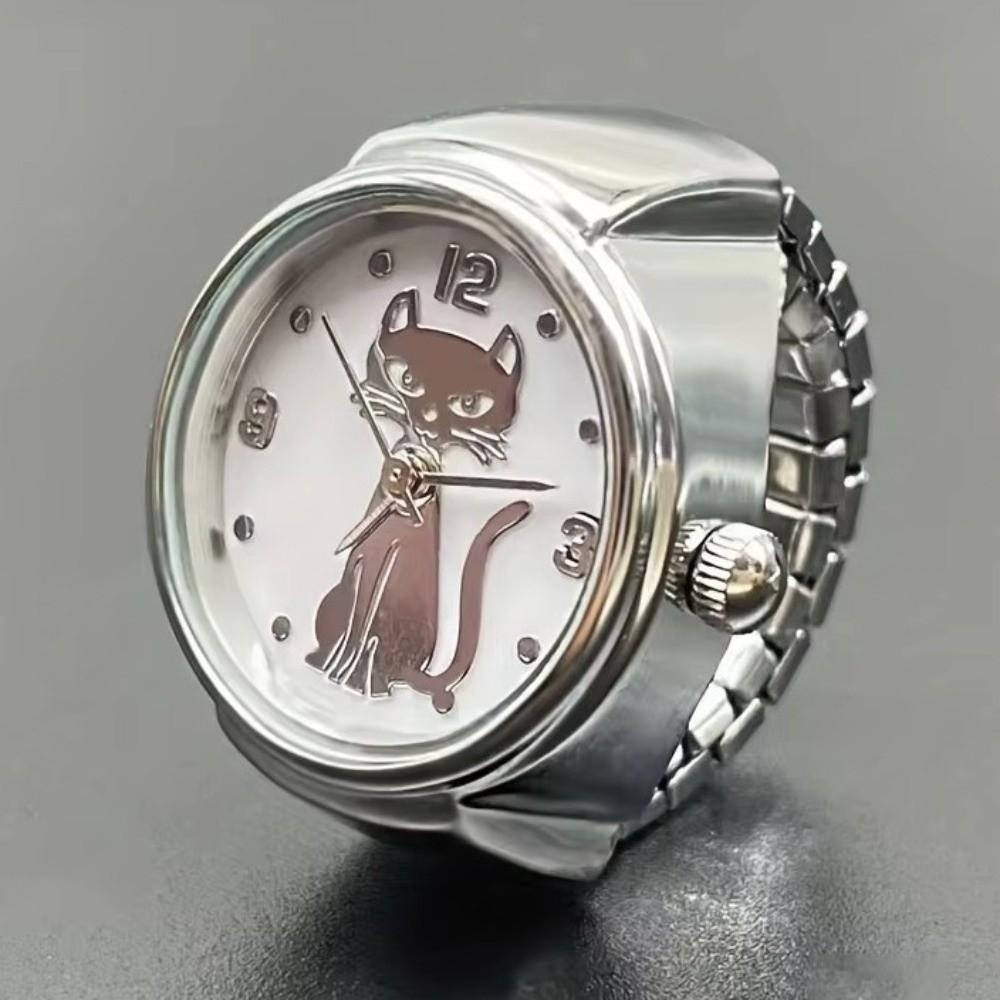 Round Finger Ring Watch Gold Cat Dial Clock Punk Quartz Watch  Clothes Accessories