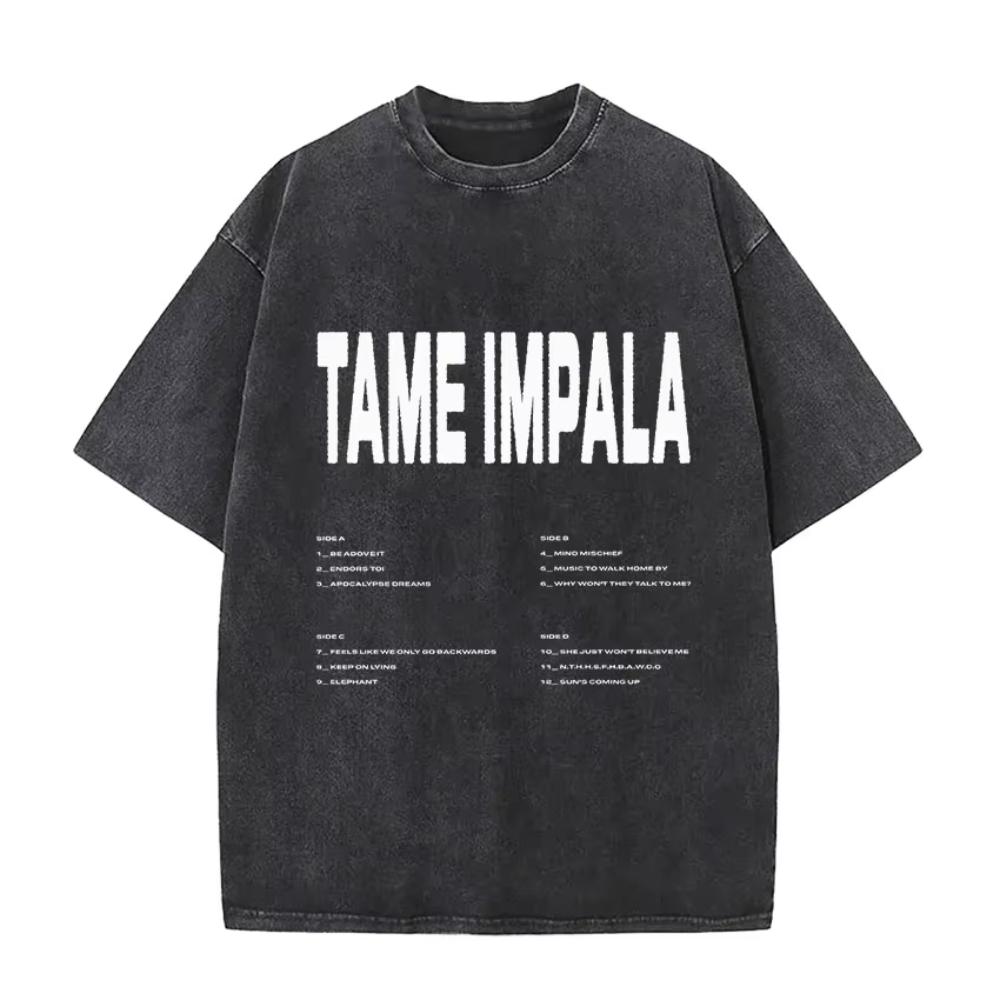 Tame Impala Tour Album Vintage Washed Tshirt Mens Hip Hop Gothic Tshirts Casual Oversized Short Sleeve T Shirt Streetwear