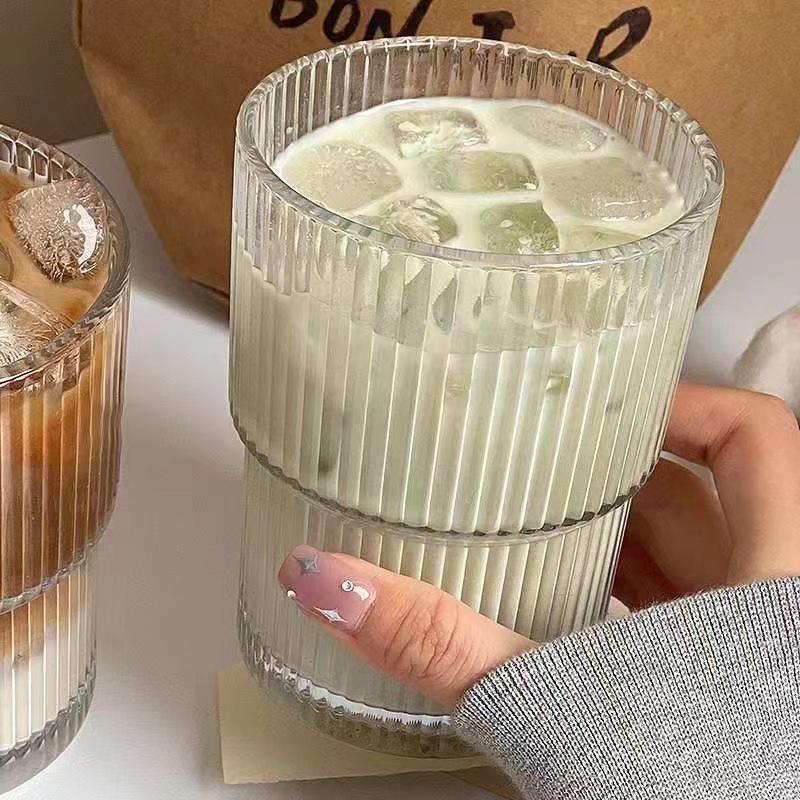 Nordic Style Vertical Striped Glass Cup with Bamboo Lid and Straw - Large Capacity Cold Drink Cup 400 ML