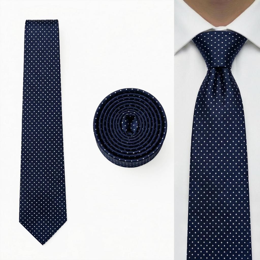 SHLAX&WING Men's Long Narrow Tie and Pocket Square Set, Blue Dot Pattern, Silk, 147cm x 6cm