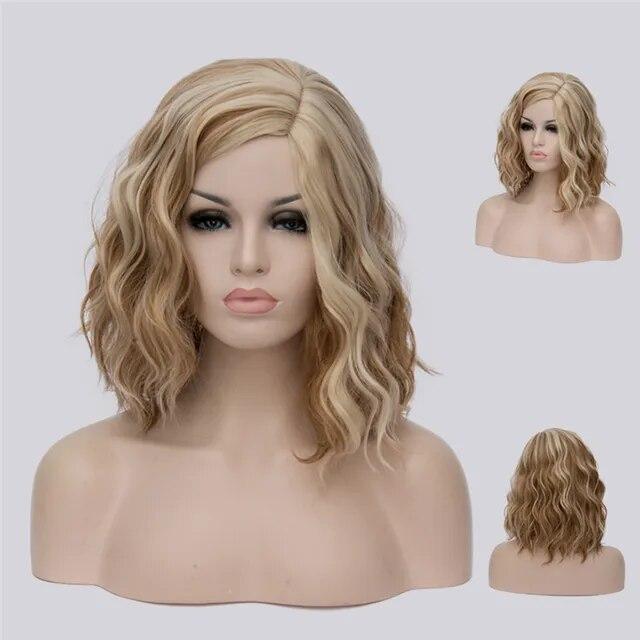 Peruci Cosplay ondulate pentru femei, scurte, albastru, violet, roz, verde, auriu, galben, parte laterală, păr sintetic din fibre rezistente la căldură