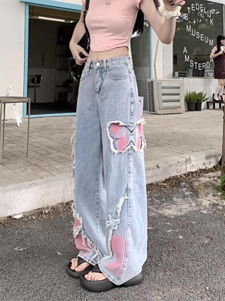 Women's Plus Size Frayed Retro Patchwork Butterfly Embroidery Washed Denim Wide-Leg Pants