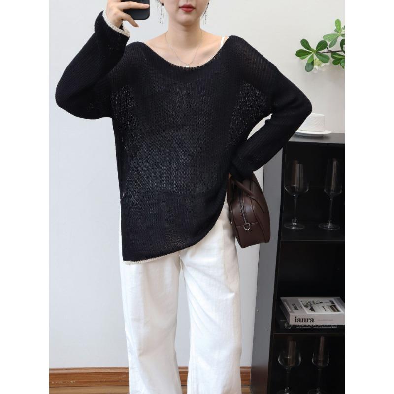 

Тонкий полый вязаный свитер контрастного цвета, топ, ранняя осень, новый свободный солнцезащитный кондиционер, блузка-пуловер, женский one size fits all чёрный