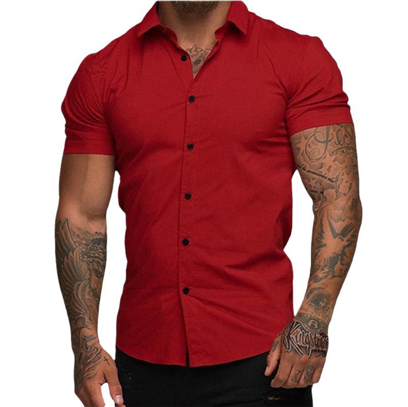 Camicia da Uomo a Maniche Corte in Tinta Unita con Colletto a Revers - Vestibilità Muscolosa