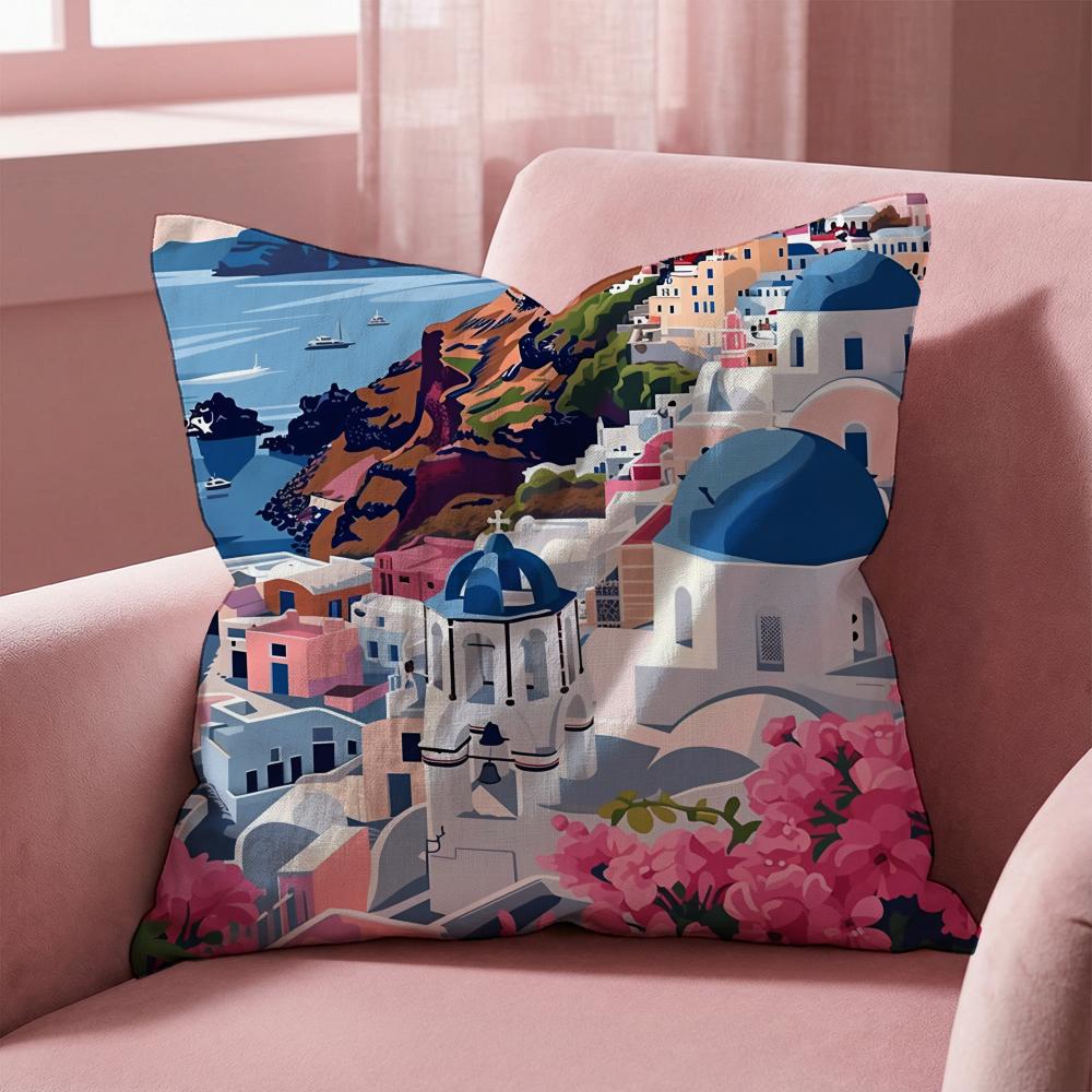Santorini Landscape Cushion Cover Multi-Scene Pillow Cover for Home & Car - Reversible, Soft & Durable for Daily Use
