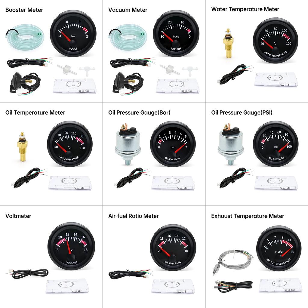 52mm 12V Car Oil Pressure Gauge Water Temp Oil Temp Volt Air Fuel Ratio Boost Exhaust Temp LED Meter For 12V Racing Gauge