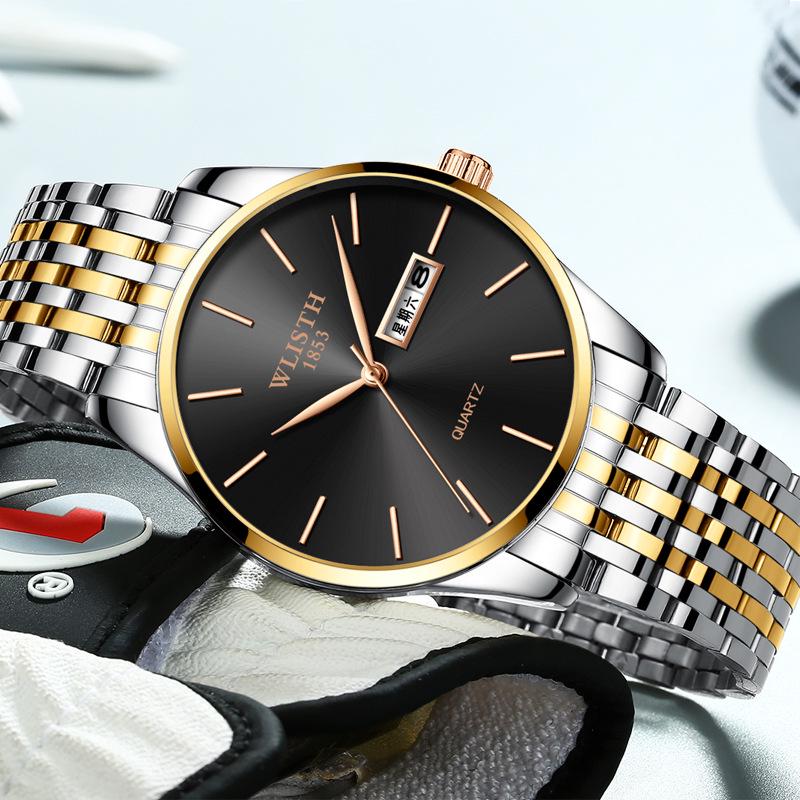 Top Brand Waterproof Quartz Double Calendar Fashion Steel Band Business Men's Wristwatch
