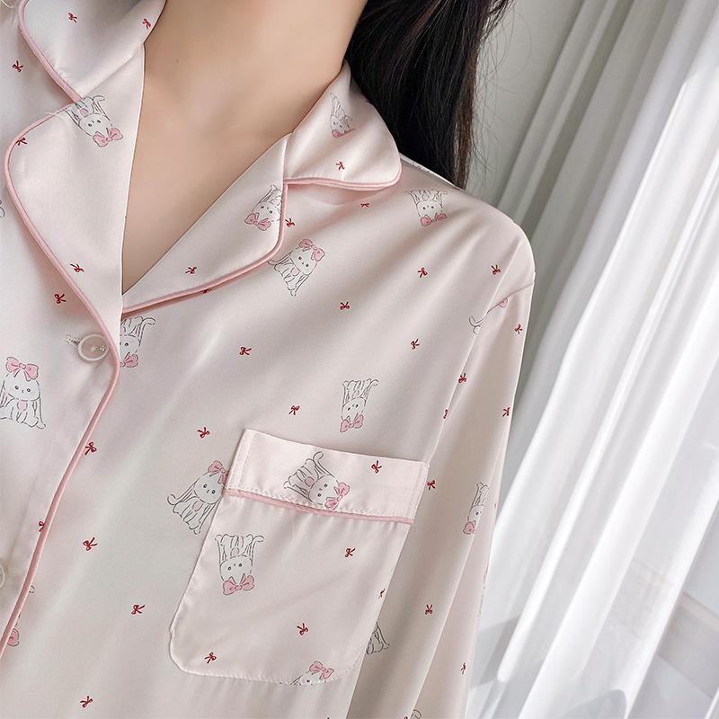 Women's Age-Defying Ice Silk Doll Print Pajama Set - Long Sleeve Autumn Sleepwear
