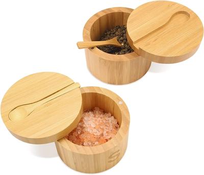 New Bamboo Salt Cellar with Mini Spoon Kitchen Salt Box with Swivel Magnetic Closure Lid Salt Container Storage Pepper Spice