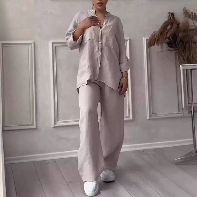 Casual Cotton Linen Shirt And Drawstring Wide Leg Pants Set For Women Spring