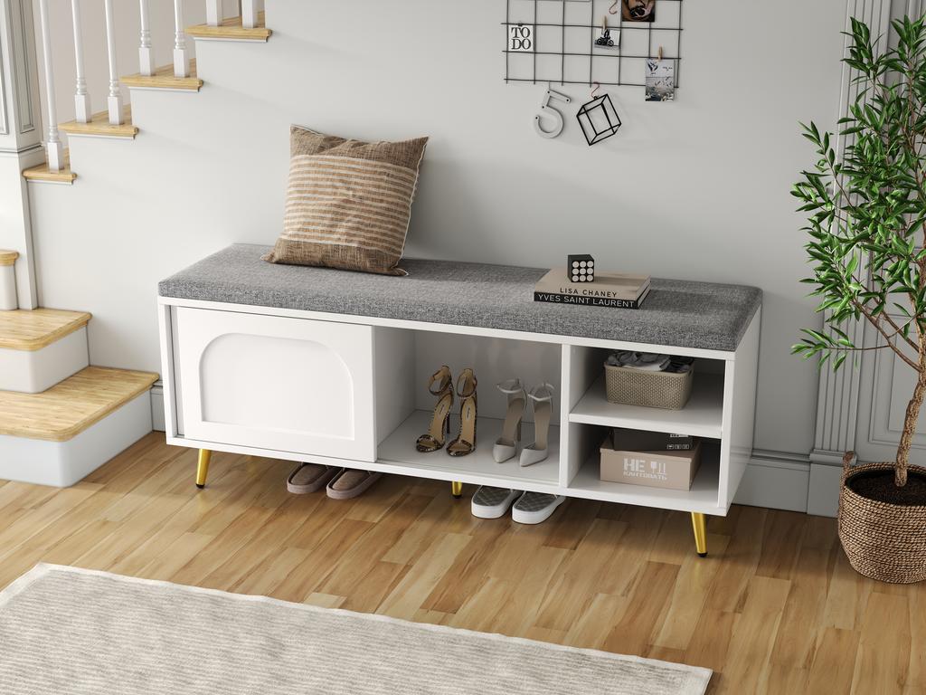 Shoe Bench, Shoe Rack with Bench Seat, Bench with Seat Cushion, Shoe Cabinet with Storage, Hallway Bench, White, Dimensions: W121×D35×H49cm