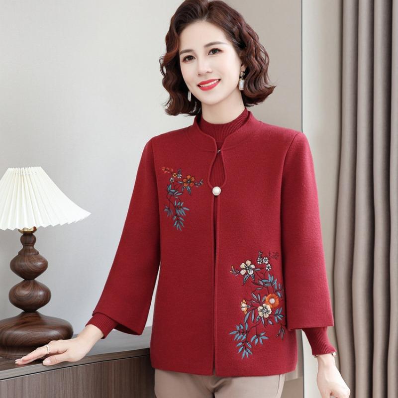Middle-aged Elderly Autumn Women's Two-piece Suit Mother-in-law Grandmother Sweater Cardigan Old Lady Spring and Autumn Embroidered Coat
