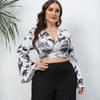 Tie-dye V-neck Long Sleeve for Women Criss-cross Back Tie Knot Short T-shirt Fashion Sexy Plus Long Sleeve Breathable Lightweight Comfortable Top