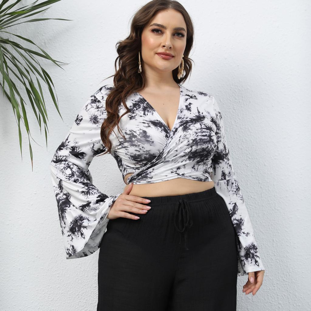 Tie-dye V-neck Long Sleeve for Women Criss-cross Back Tie Knot Short T-shirt Fashion Sexy Plus Long Sleeve Breathable Lightweight Comfortable Top