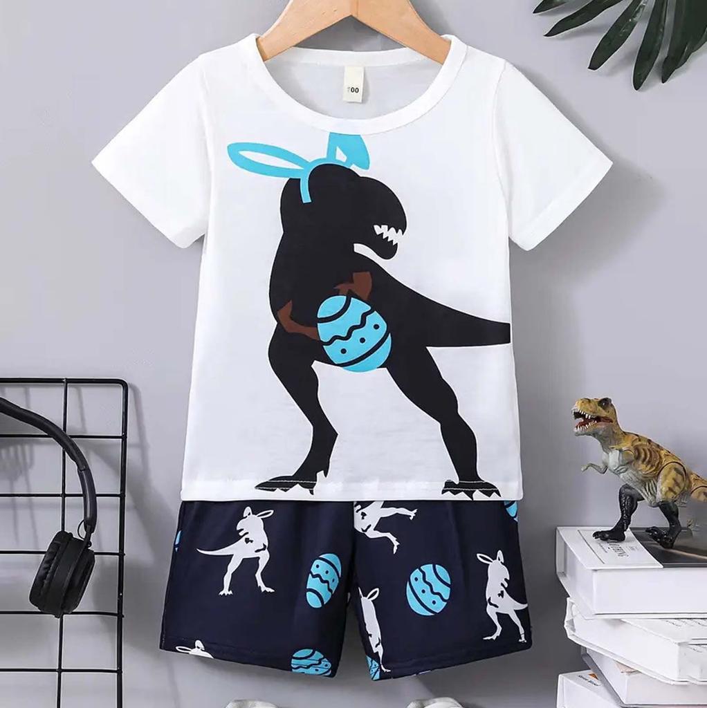 Boys Cartoon Dinosaur Short Sleeve T Shirt and Camouflage Shorts Set Summer Casual Outfit Lightweight Comfortable Fabric