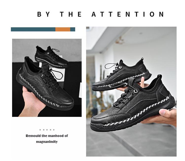 Men's Lazy Elastic Band Stitching Leather Shoes - Stylish Low-top Slip-On Sports Sneakers for Spring and Autumn.