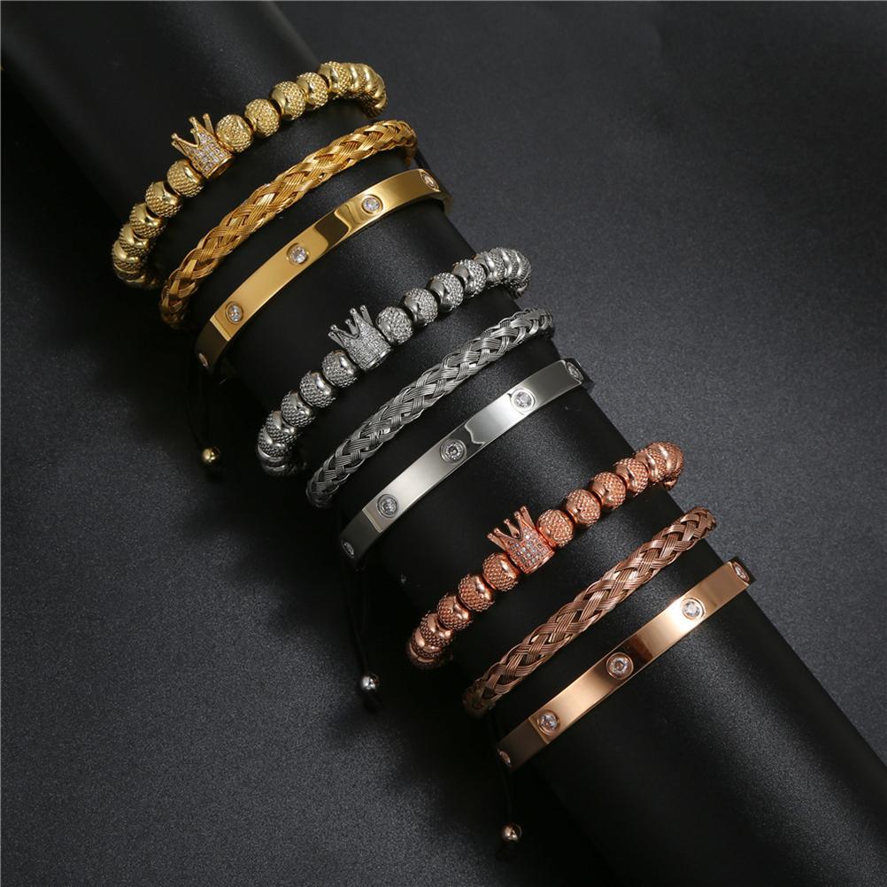 Luxury Micro Pave Crown Bracelets Roman Royal Charm Mens Bracelets Stainless Steel Crystals Bangles Couple Jewelry Gift