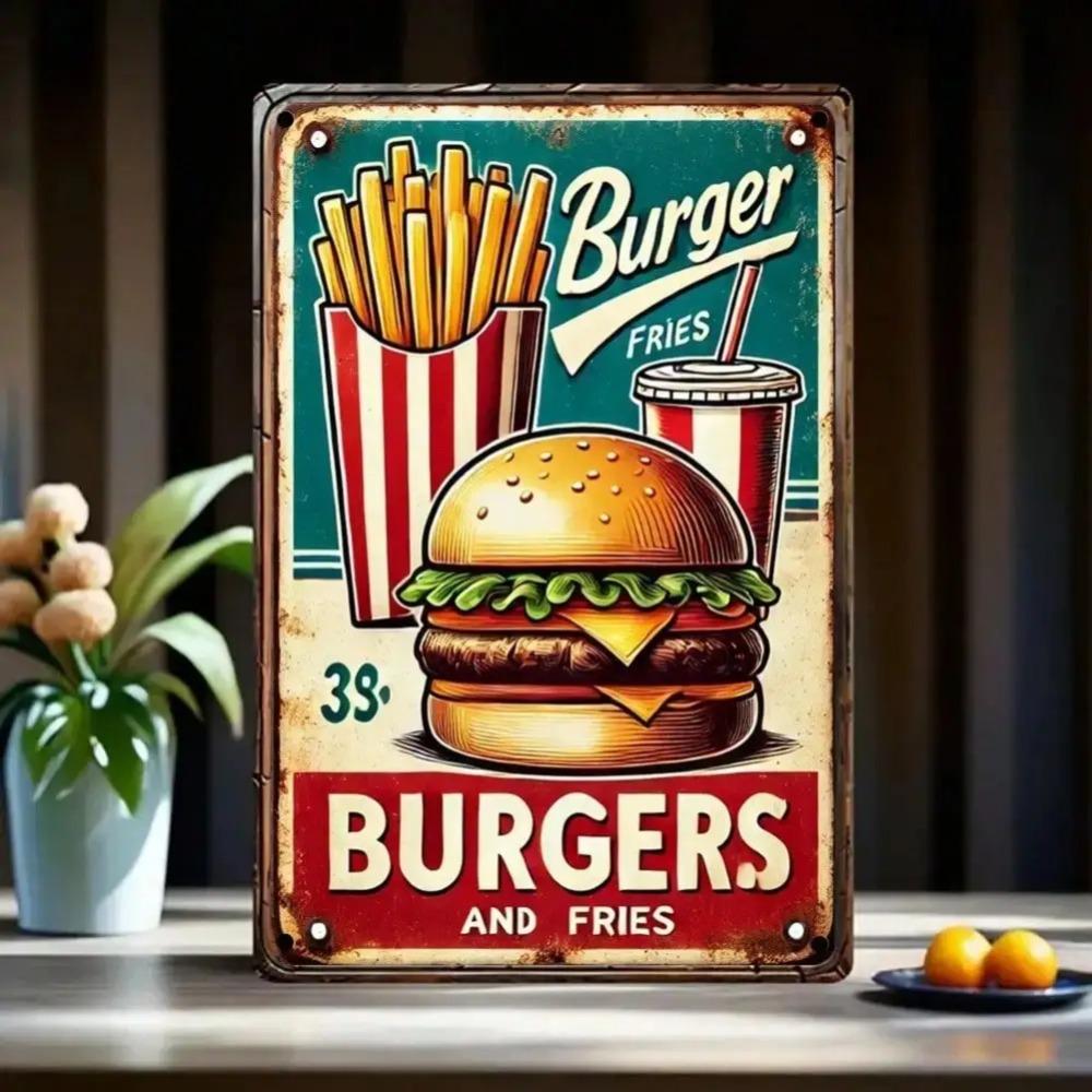 Burger Fries Metal Tin Sign Retro Wall Art 8x12 Inch Cafe Bar Home Decor