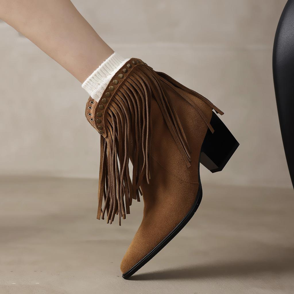 Fashion 2024 New Autumn Winter Cow Suede Women Boots Fashion Tassels Western Boots for Women Pointed Toe Chunky Heel Ladies Shoes