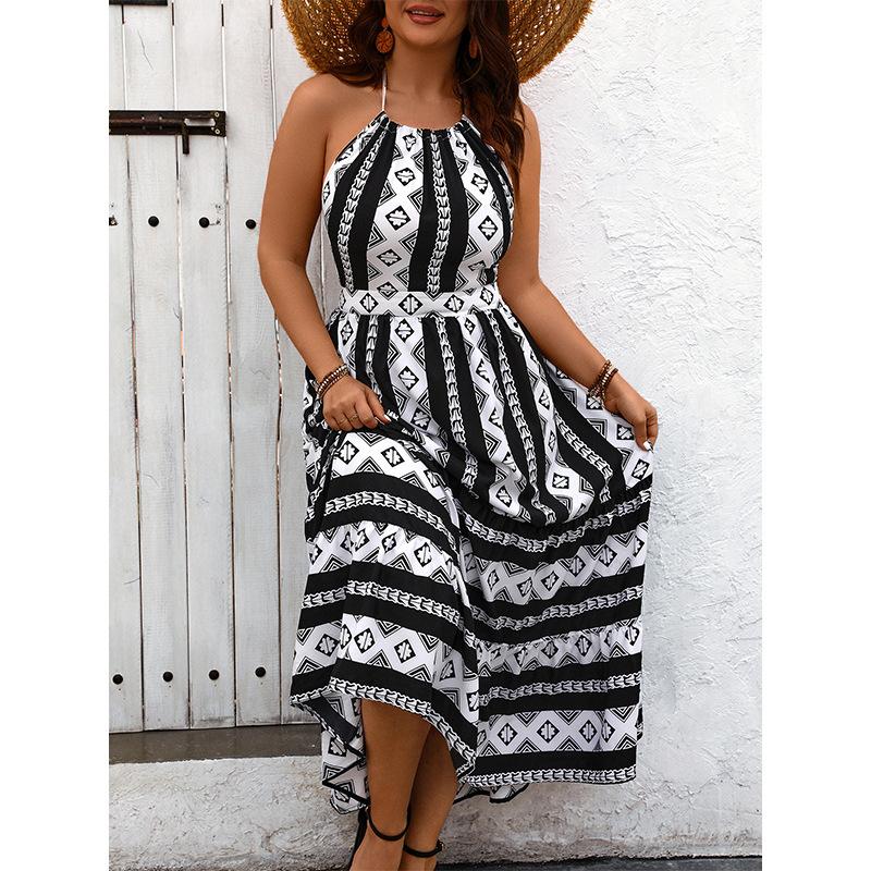 Abito Halter per Donna Stampa Patchwork Vita Alta Senza Spalle Schiena Nuda Fiocco Abito Lungo Estate Vacanza al Mare Casual Moda Plus Abito Maxi
