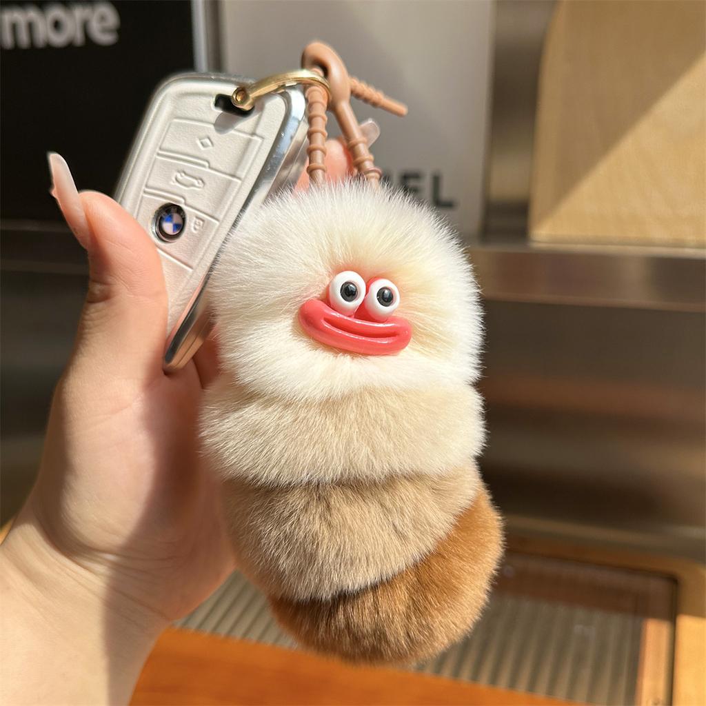 Plush Caterpillar Keychains Colorful Soft Rabbit Fur Keyring Keyholder Bag Charms Car Hanging Ornament Party Gifts