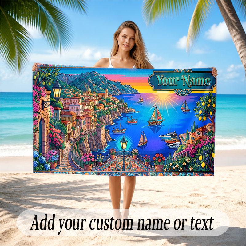 Mountain Landscape Theme Soft Beach Towel Personalized Custom Name Text Towel Portable for Beach Pool Travel