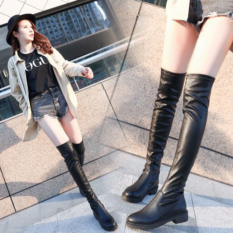 Above Over The Knee Women's Long Boots Elastic Thigh High Leather Black Middle Heel Ladies Shaft Shoes Round Toe Footwear New In