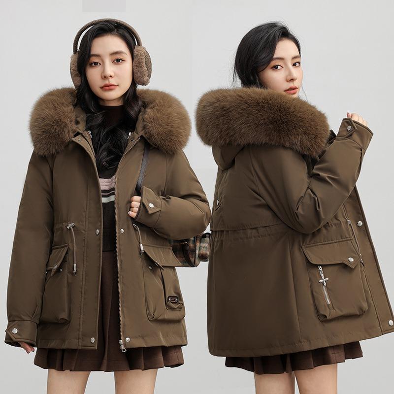 Pie Overcomes Women's Winter New Fleece Thickened Down Cotton Jacket Large Pocket Loose Cotton Jacket Waist Outside