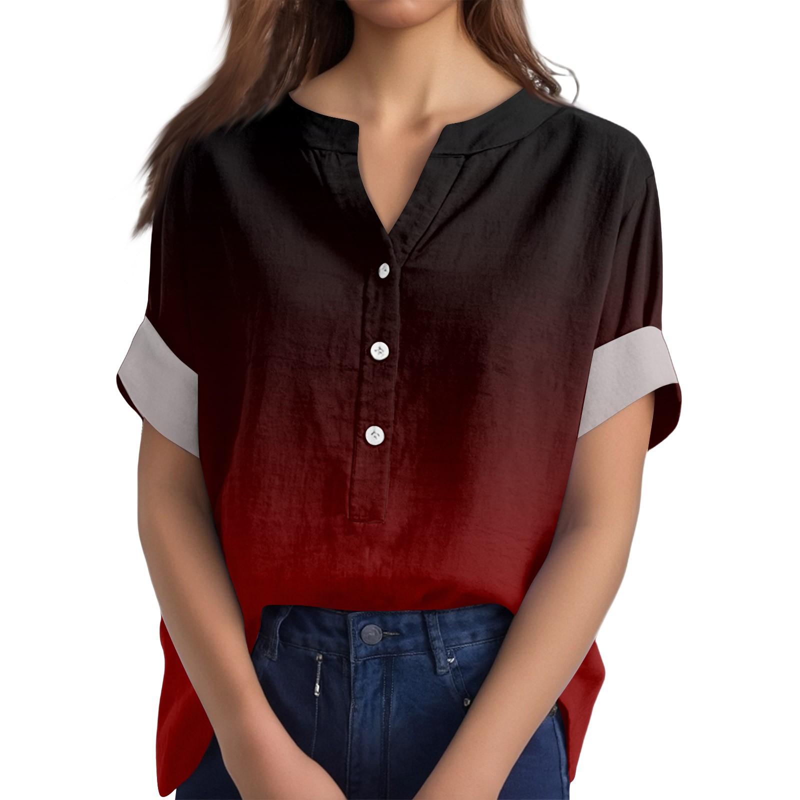 

Женская хлопково-льняная футболка с круглым вырезом, коротким рукавом и пуговицами, футболка с принтом XL винный