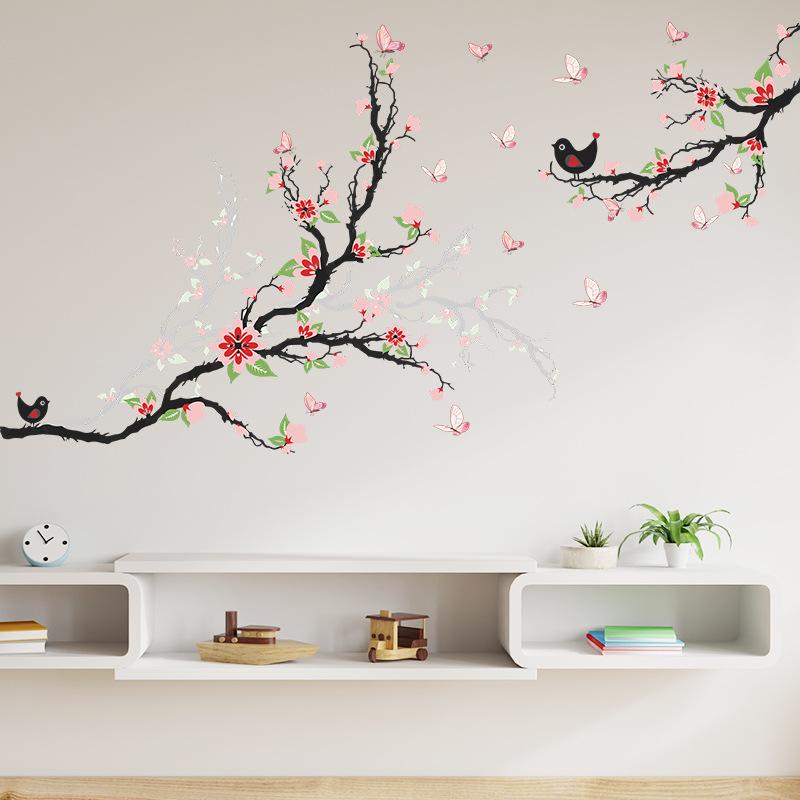 Branch Bird Butterfly Flower Wall Stickers, Nature Scene Removable Decals for Bedroom Living Room Entrance Wall Decor