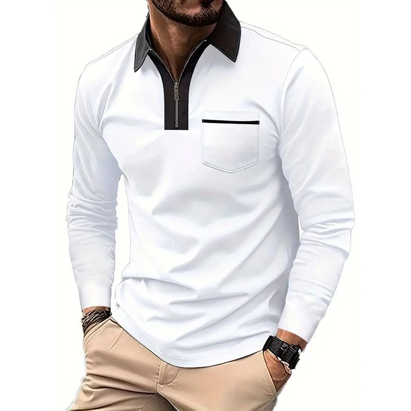 Men s POLO Autumn and Winter Men s Long Sleeved T-shirt with Lapel Fashionable Slim Fit Men s Color Blocked T-shirt S