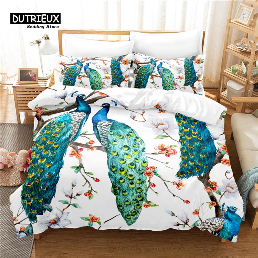 Peacock Bedding Set, 3Pcs Duvet Cover Set, Soft Comfortable Breathable Duvet Cover, For Bedroom Guest Room Decor