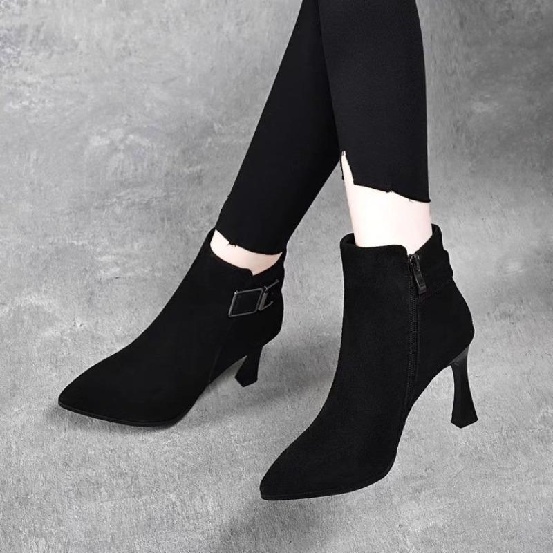 

Осенне-зимние матовые флисовые остроносые короткие ботильоны на высоком каблуке, женские новые маленькие модные ботинки Мартин, бокалы и одинарные ботильоны 40
