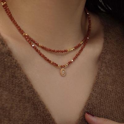 Warmer Sonnenschein Natürlicher Gold-Sandstein Perlenkette für Damen - Retro Luxus Kupferperlen Abstandhalter Halsband Kette
