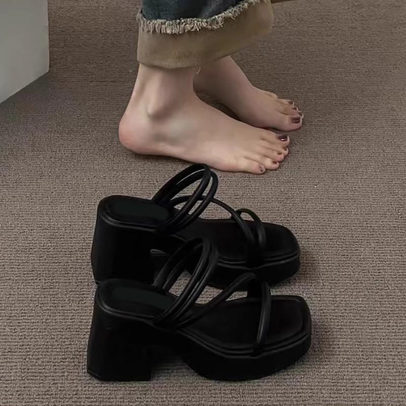 Fashion Versatile Two Wear High-heeled Cool Slippers Women Summer Wear New Women's Thick-heeled Thick-soled One-word Sandals