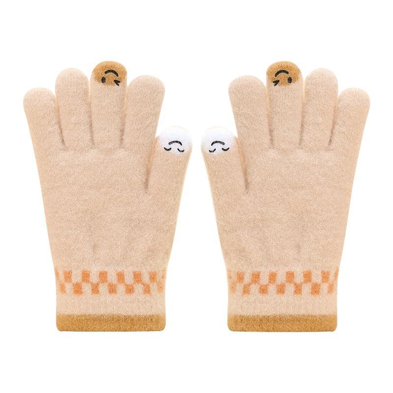 Cartoon Smiley Face Knitted Five-finger Thickened Warm Outdoor Cold-proof Cycling Men and Women Winter Full-finger Older Children's Gloves