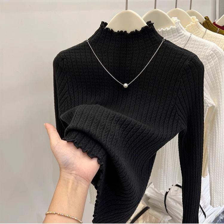 Half-high Collar Wooden Ear Knitted Shirt Autumn and Winter Pure Color Purlin Sweater Slimbase Inner Top