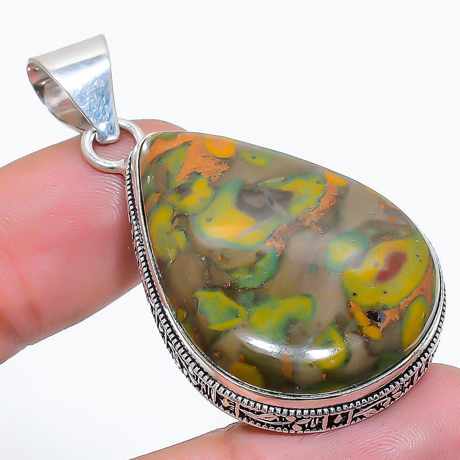 Bamboo Jasper Gemstone Handmade 925 Sterling Silver Jewelry Pendant 1.97" SU-10767