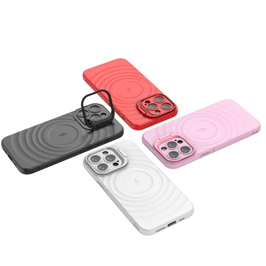 For iPhone 16 Pro Magnetic Case PC Kickstand Ripple Texture TPU Phone Cover
