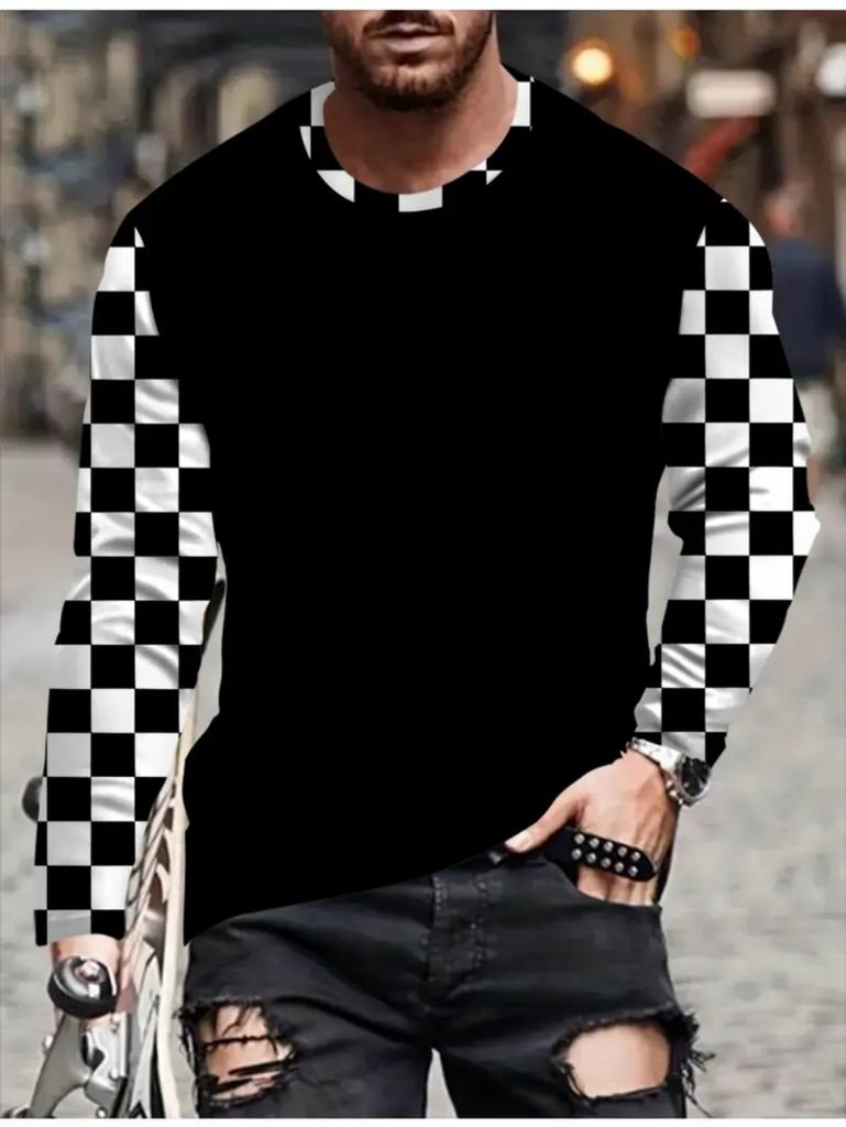 T Shirts for Man Geometric Block 3D Print Autumn Long Sleeve T-Shirt Pullover Casual Male Tops Street Lightweight Men's Clothes