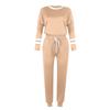 Women's Fashion Loose Color-Block Striped Long-Sleeve Round-Neck Drawstring Sports Casual Top And Pants Two-Piece Set