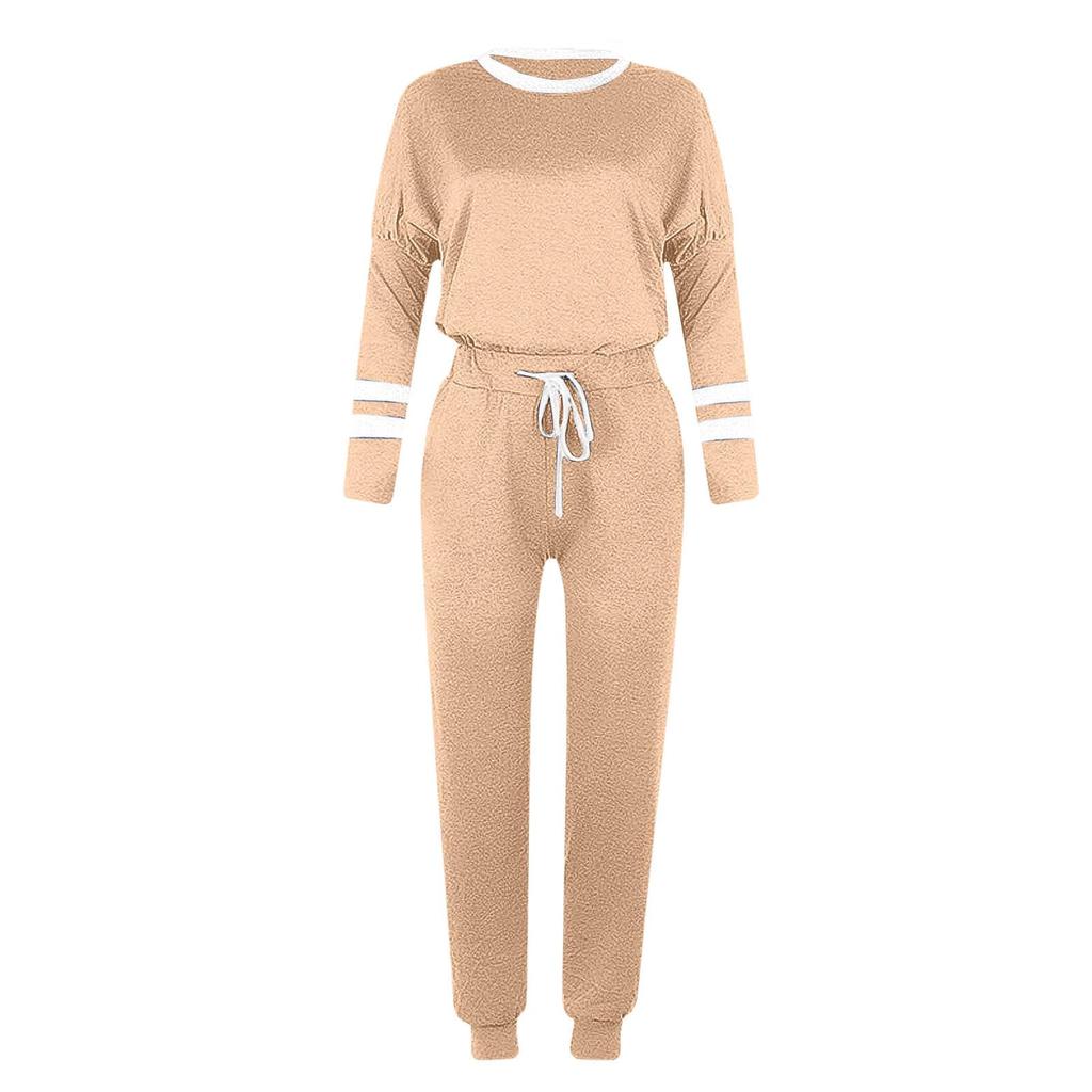 Women's Fashion Loose Color-Block Striped Long-Sleeve Round-Neck Drawstring Sports Casual Top And Pants Two-Piece Set