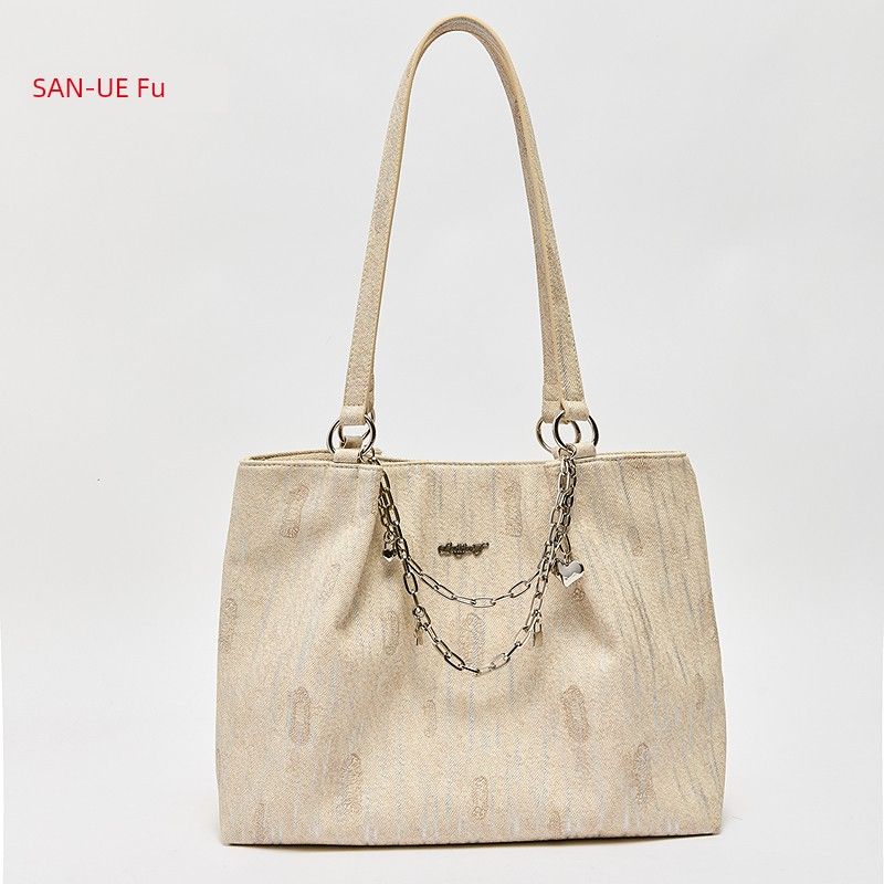 

San Fu Bag Shoulder Bag All-Matching Casual Women s Bag Decorative Chain Work Clothing Shoulder Bag Large Capacity Three-Dimensional Tote Bag 458518 Khakis Denim plating
